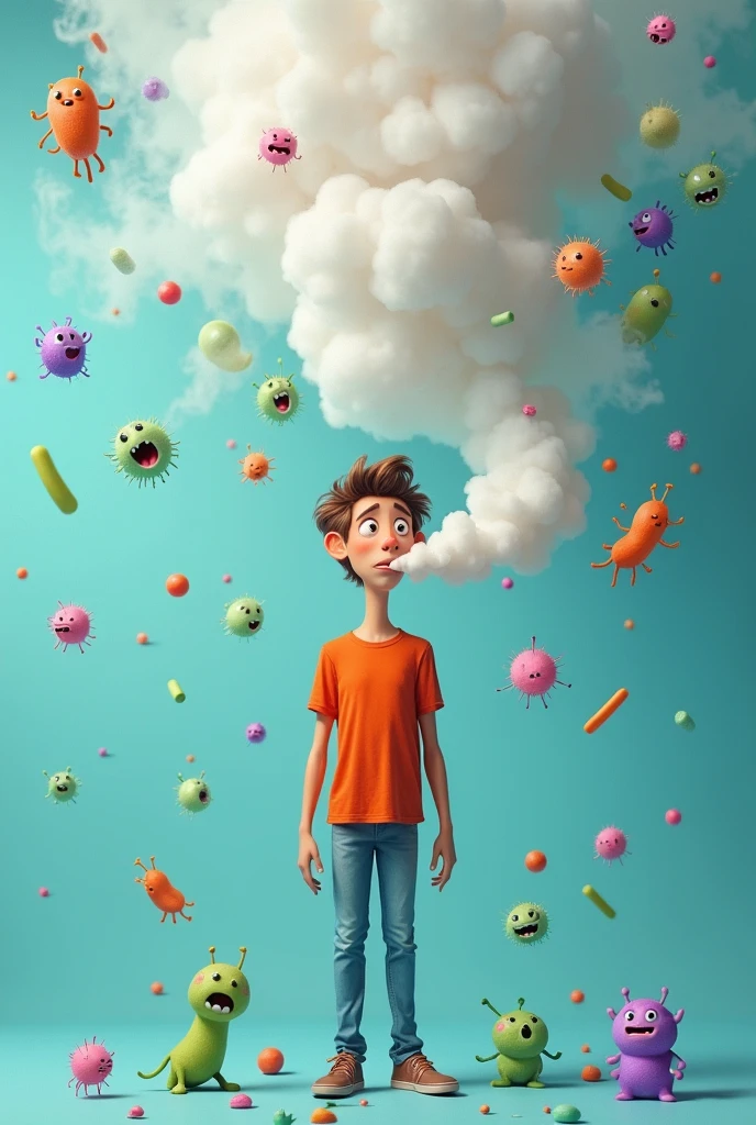 Realistic image of a person with clear smoke coming out of their mouth representing their bad breath and several germs around them .the image is creative, colorfully, several details
 .The environment is clear