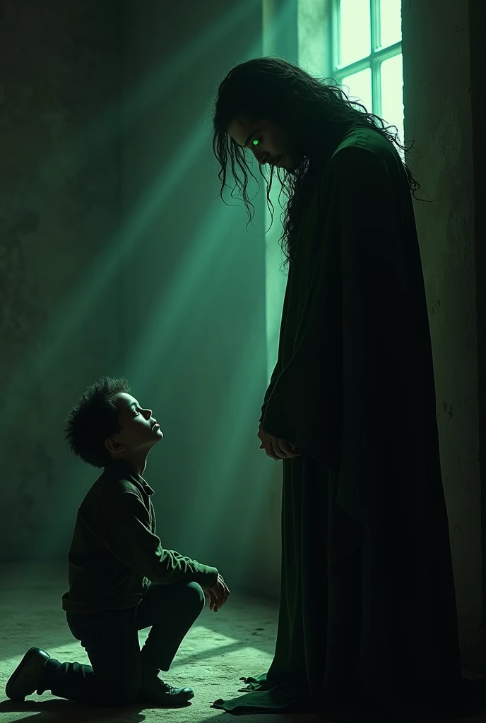 Tiny dark haired guy worship to tall, black haired guy with green eyes. Realistic.