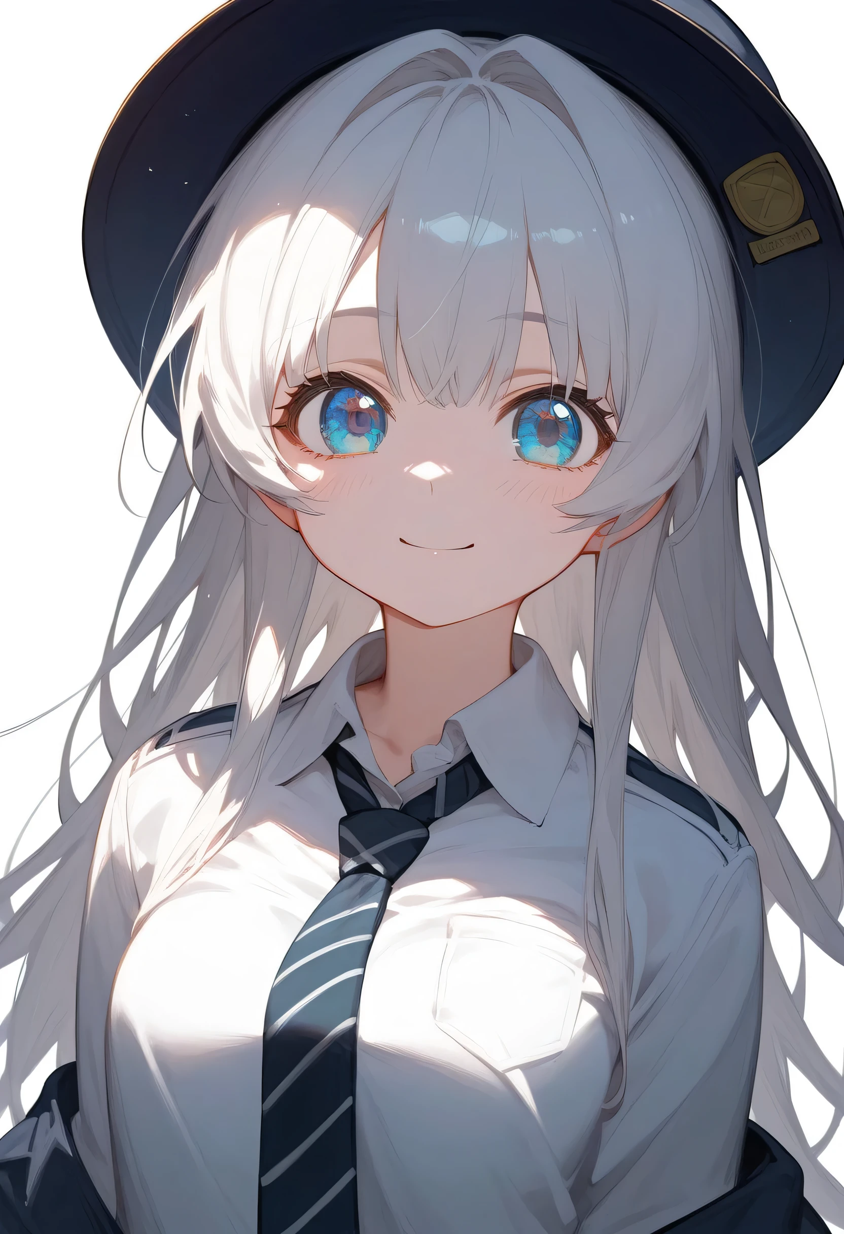 Anime Girl in a school uniform with a hat and a tie, Anime cute art style, 2D anime style, zerochan art, Fleet Collection Style, (Anime Girl), gapmoe yandere, Beautiful anime high school girl, Anime style 4k, cute Anime Girl, Best Girl in Anime, High-quality anime art style, zerochan, Perfect white-haired girl
