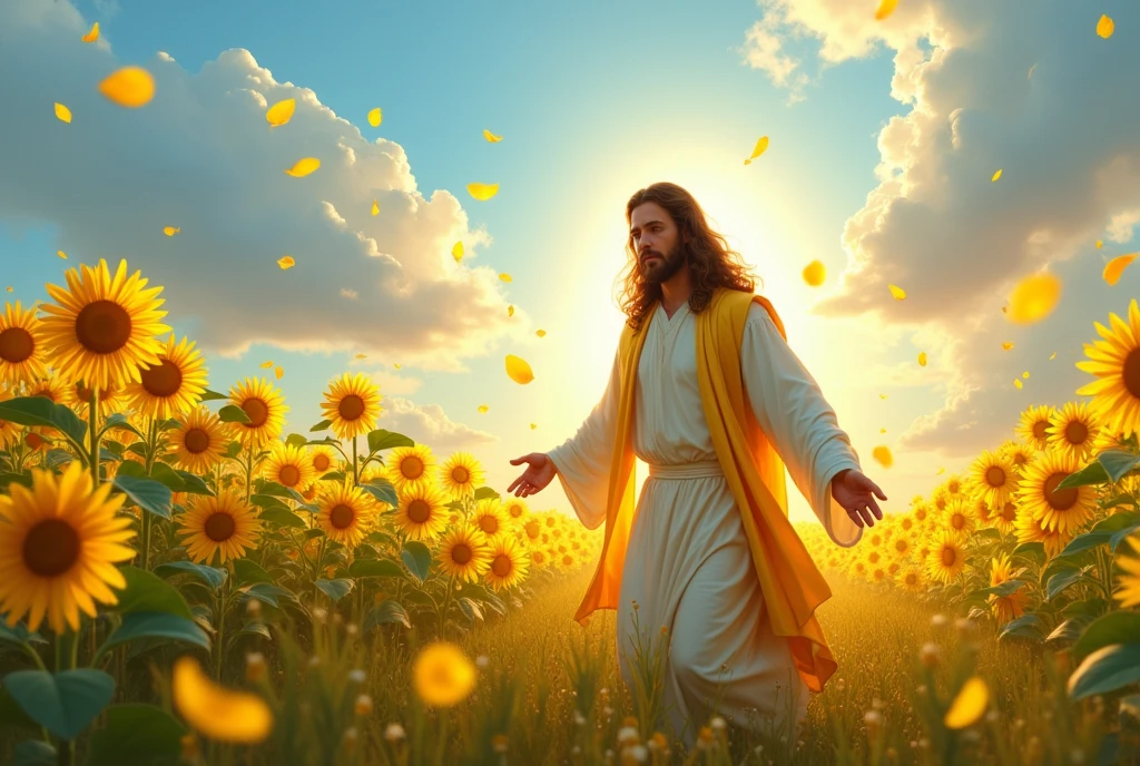 Jesus walking in sunflower field