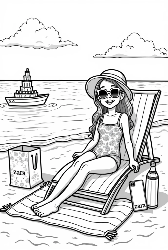 You are the manager of the Zara brand.. Create a children's coloring illustration with fashionable clothes elements for girls:: Girl with long hair sitting on the beach, dressed in a bathing suit, There is a hat on his head, Sunglasses. There is a bottle of water on the mat nearby, iPhone and a paper bag with the inscription Zara. The picture is black and white, so that the children can color it themselves . fix: 10 year old girl in a one-piece swimsuit. fix: hair below the shoulders. A girl is sitting in a sun lounger. There is a boat in the sea. On the sand - a sand castle.