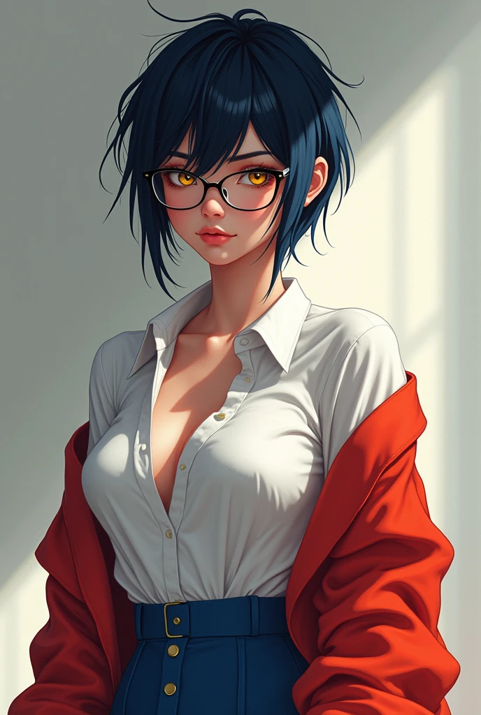 detailed eyes, (full body shot:1.2), 8k, (Skinny body:1.2), curves, (hands behind your back:1.2), seductive pose, (looking at the viewer, 8k vector photography, adolescent, pretty eyes, Realistic lighting, Detailed costume, realistic facial features, hyper detail, (perfect angle, Focus on face, hips and chest.)), (very short hair:1.3), Short and messy hair, medium chest, pioneer scarf, blue micro tight skirt, hits, clavicle, very tight white shirt, short sleeves, collar shirt, belt, eyelashes, red scarf, chest pocket, looks like a sex doll, MaryaRya, dark blue hair, yellow eyes, Glasses ((( take it from behind))))