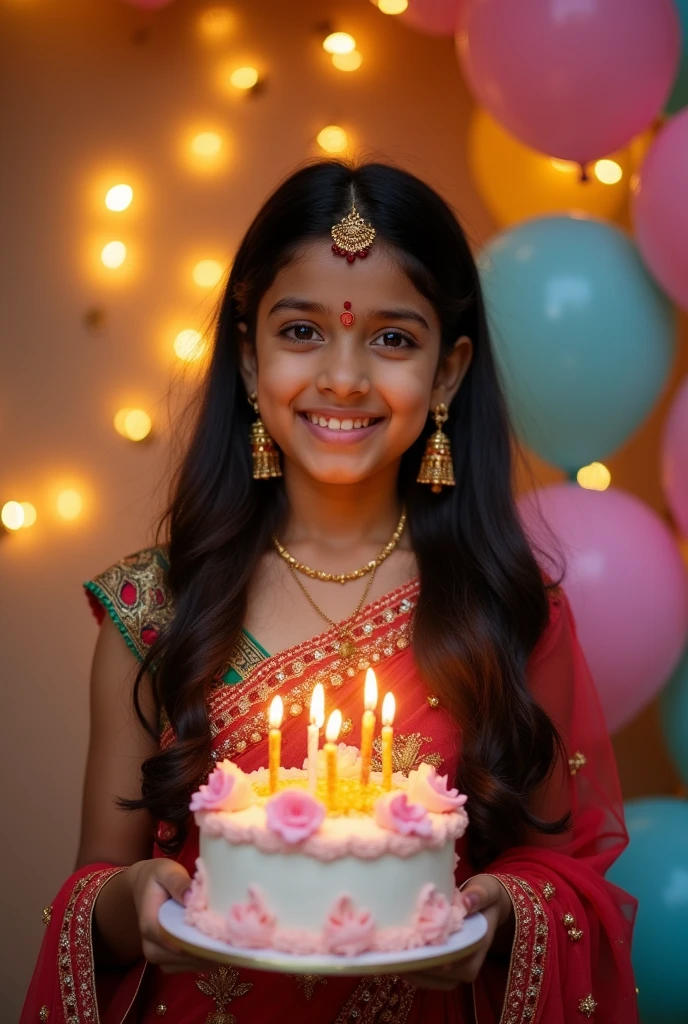 "Create an image of a 15-year-old Nepali girl with Indian skin color, standing 5.9 feet tall. She has a clear, smooth complexion with a corrected and symmetrical face. Her features are well-defined, with large expressive eyes, a small nose, and a gentle smile. She is dressed in traditional yet stylish clothing appropriate for a birthday celebration, such as a colorful saree or lehenga with intricate patterns. The background should include birthday decorations, such as balloons and a birthday cake. The setting could be a beautifully decorated room with soft lighting that highlights her face and attire, giving her a radiant and joyful appearance on her special day."