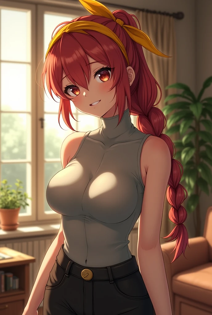 (photorealism:1.2), beautiful woman,masterpiece, perfect face, best quality. expressive eyes,anime girl ,long hair.full figure,turtleneck shirt,sleeveless,heart cleaveage,latex jeans,smile,looking the viewer.morning, in living room, yellow bandana, red long hair, femaleranma, braided ponytail