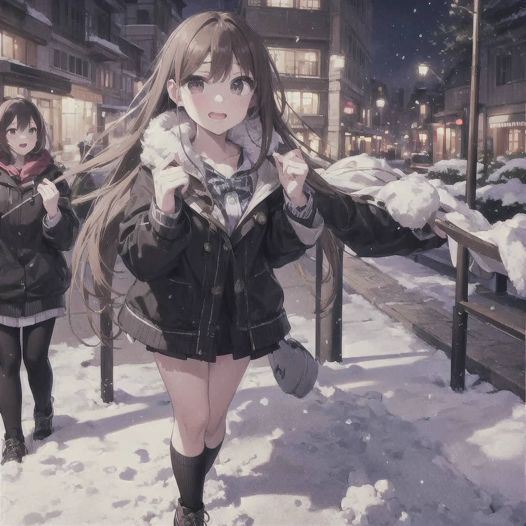 College girl in love、Snow Scene、With a red face、Walking through the city at night with a sense of excitement、Heart Particles、Particles of musical notes