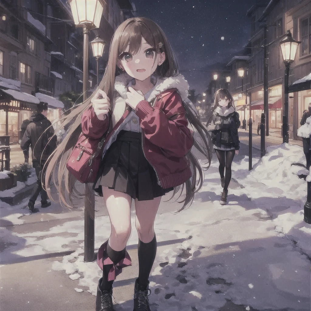 College girl in love、Snow Scene、With a red face、Walking through the city at night with a sense of excitement、Heart Particles、Particles of musical notes