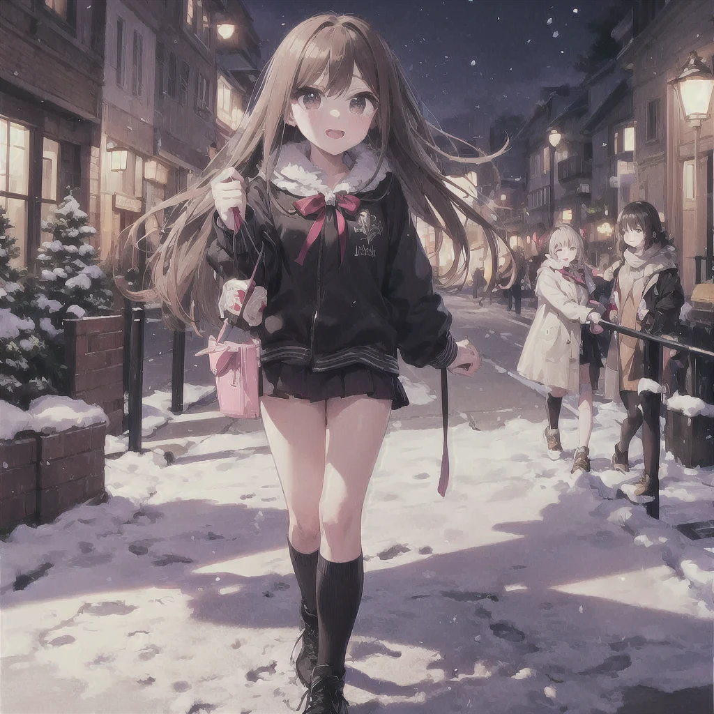 College girl in love、Snow Scene、With a red face、Walking through the city at night with a sense of excitement、Heart Particles、Particles of musical notes