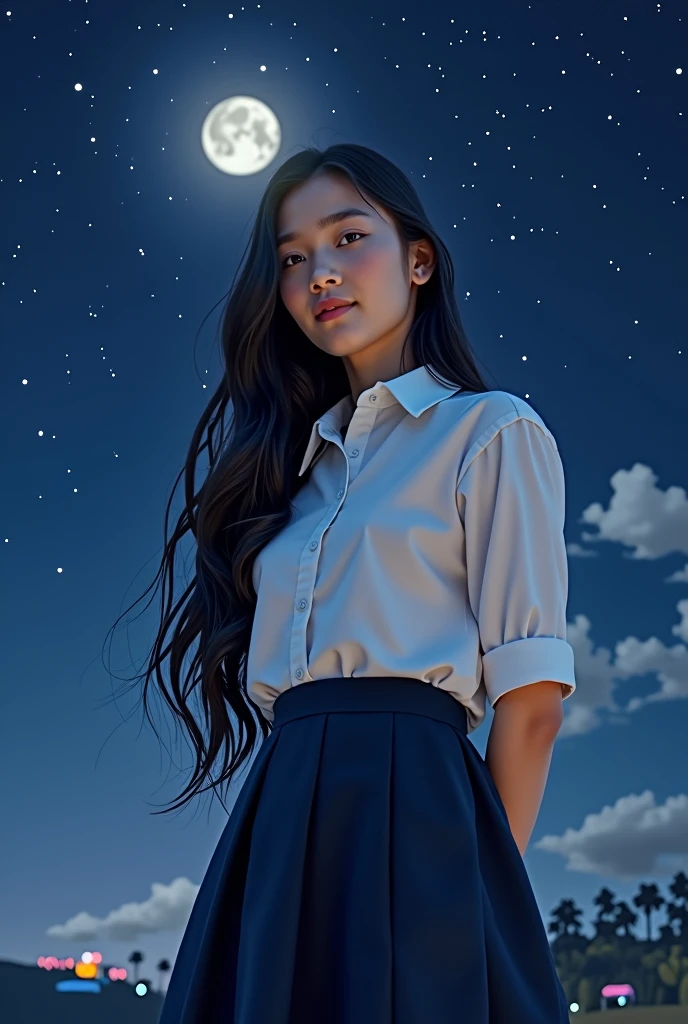 score_9,score8_up, ((head to thigh portrait)), (majestic:1.5),(uhd:1.3), (best quality,highres,masterpiece:1.2), ultra-detailed, (realistic, photorealistic, photo-realistic:1.37),(highest resolution, distinct_image), A breathtaking 8k, 32k masterpiece of a beautiful 18-year-old Javanese woman, captured in the finest quality of UHD and photorealism. Her long black hair cascades gently over her shoulders, framing a face with flawless, pale skin and a meticulously detailed texture that reflects the soft glow of the moon. She boasts captivating double eyelids and highly glossy eyes that sparkle with life, drawing the viewer into the depths of her soul. Her high school uniform is impeccable – a crisp white shirt tucked neatly into a navy blue skirt that accentuates her natural, slender curves. The woman's smile is enchanting, a charming expression that lights up the serene night scene around her. The starry sky above is a tapestry of twinkling lights, each star and planet rendered with such clarity that it feels as though you could reach out and touch them. The background fades into a canvas of deep blues and purples, creating a stark yet harmonious contrast against the stark white and navy of her attire. Her skin, a testament to the artist's precision, reveals a subtle blush that complements the cold night air. The entire composition is a symphony of intricate detail, from the stitching on her uniform to the delicate pattern of the fabric, every element is brought to life with a masterful touch. The scene exudes a tranquil atmosphere, with the beauty of the subject and the serenity of the night sky combining to create an image that is nothing short of mesmerizing.