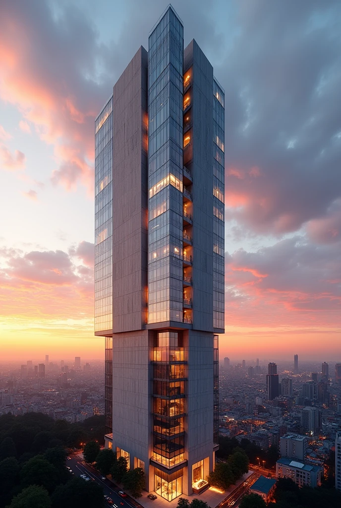 Cantilevered vertikal building withconcrete and glass on its facade