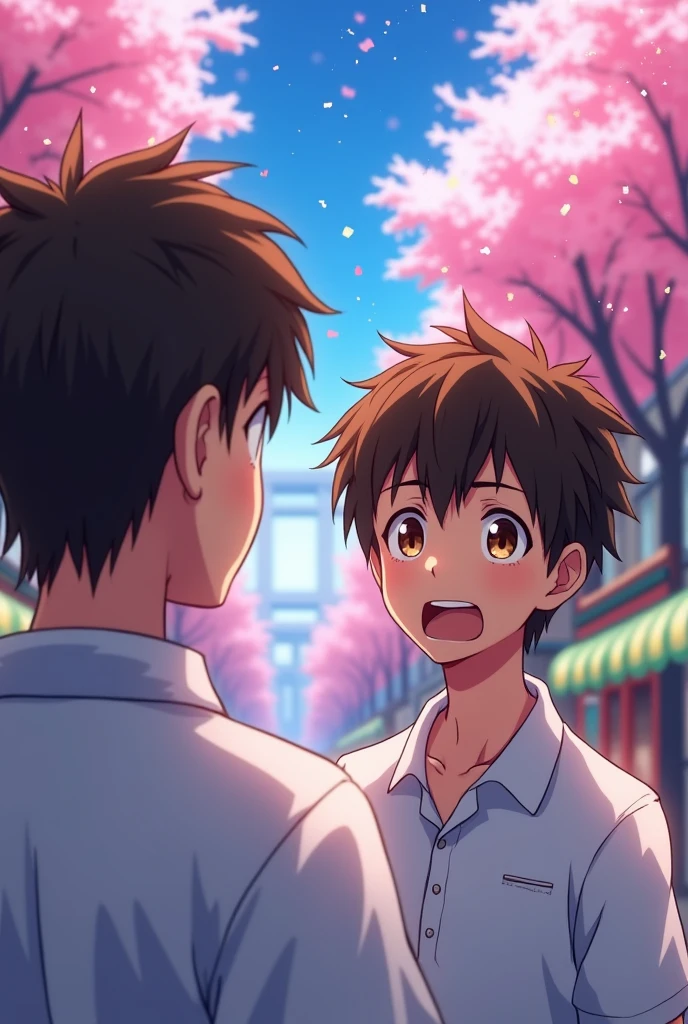 A teen with a brown hair and eyes with a good jawline wearing a white polo seing his dopple ganger and talking to it while being shocked (anime version)