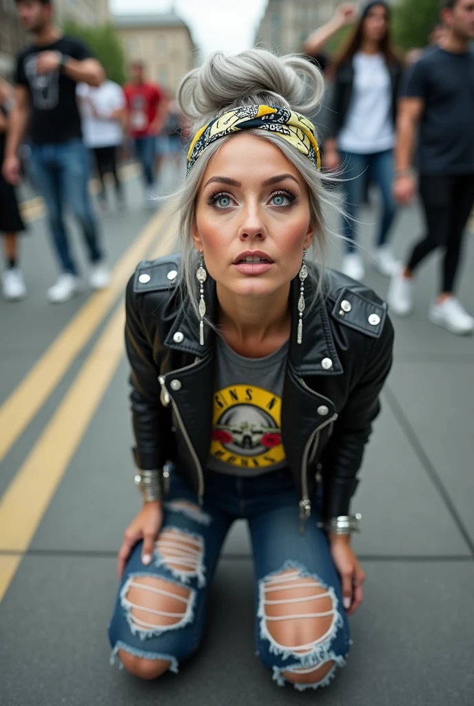 russian , platinum blonde hair in top bun ,with very light blue eyes, pale, heavy eye shadows. Sad face, big eyes, smeared make up. Wearing black moto jacket, cropped metal band t-shirt, black skinny jeans and white tennis sneakers. Lots of metallic braceles and collars. Tattoed. Tacky leather belt with oversized buckle. Wide loop earrings. Scared face. Sitting on the ground. Seen from behind