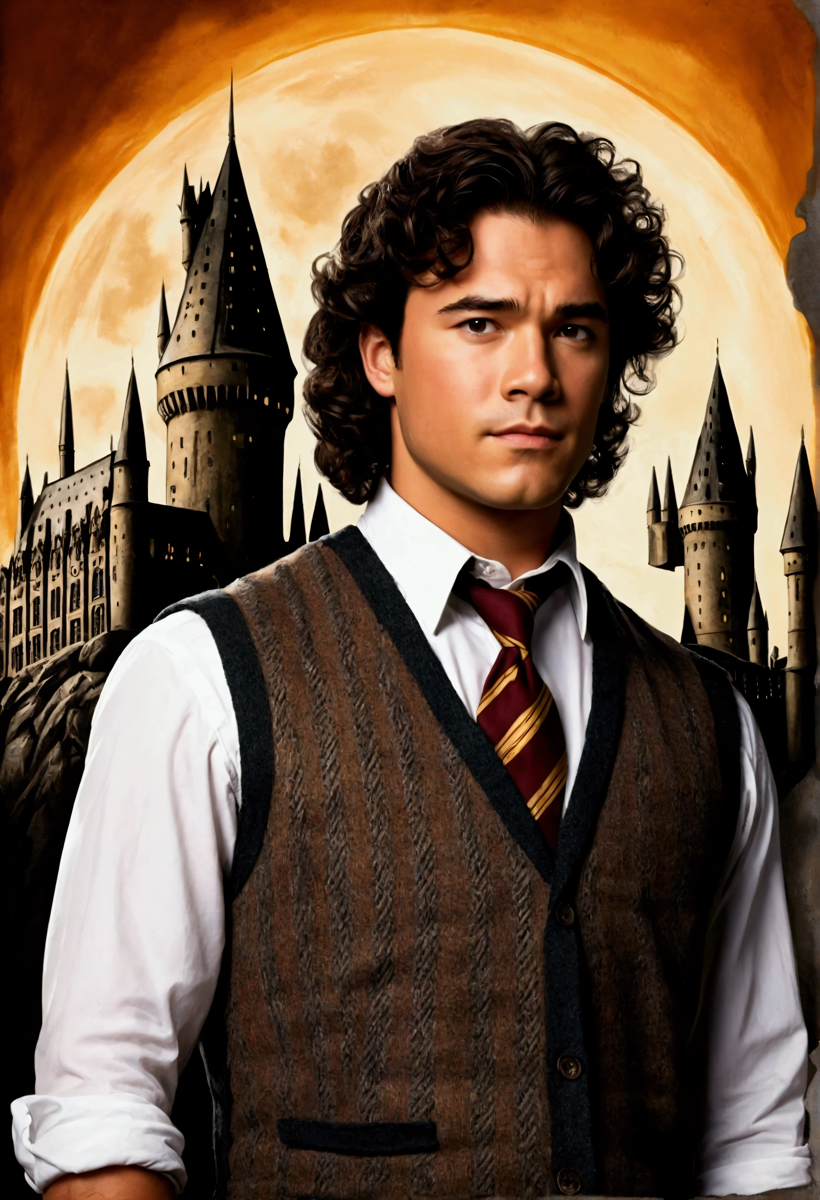 An illustrated movie poster, hand-drawn, full color, a Hogwarts Professor, 21 years old, male, brown eyes, brown-black hair, voluminous curly mane, suntan complexion, medium height, broad shoulders, stocky frame, muscular, rugged scruffy appearance, lots of body hair, resembles Dean Cain, wearing a tweed vest and slacks, standing in front of the Hogwarts castle, hard shadows, graphite shading, stencil marks, airbrushed acrylic paint, masterpiece, in the style of the Deathly Hallows