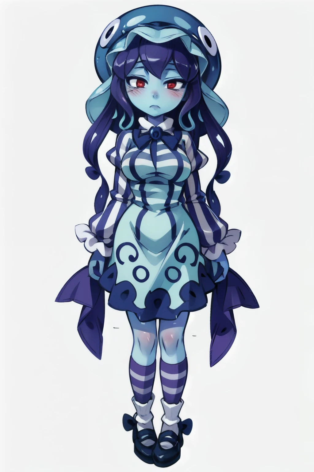 One person, Jellyfish humans, alone, monster Girl, blush, Large Breasts、Blue Skin、Blue jellyfish dress, Purple striped socks,Jellyfish hat, Red Eyes, White background,