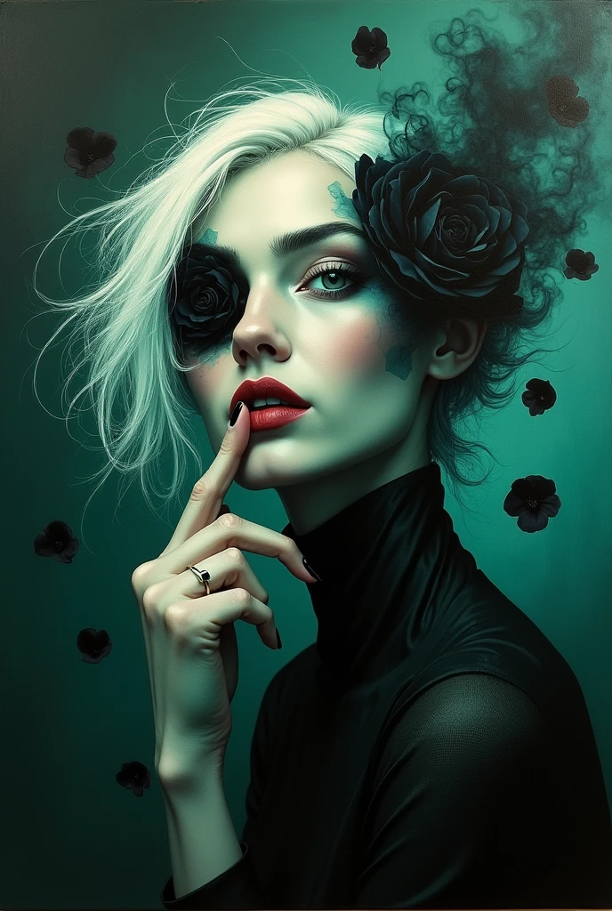 An Acrylic style painting that is expressive, gives it a dynamic and emotional quality. Anime art of a stylized portrait of a woman with a ethereal black and green mist surrounding her body. The mist creates a dramatic and surreal effect. A black flower, that is blooming, covering one eye, attached to the face. The woman has a cold aesthetic, complimented by her white hair. Anime art of woman draped in shadows with a lighting that enhances her unique features.
The background is dark green, filled with black rose petals.
Holding finger to lips, shush, shushing motion,