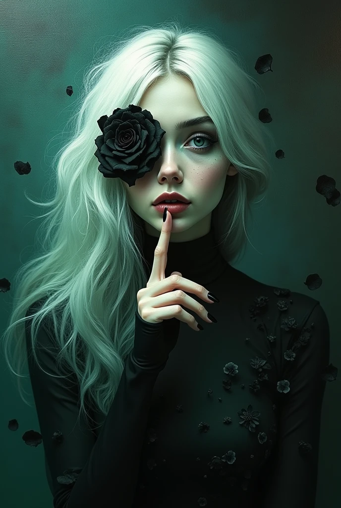 An Acrylic style painting that is expressive, gives it a dynamic and emotional quality. Anime art of a stylized portrait of a woman with a ethereal black and green mist surrounding her body. The mist creates a dramatic and surreal effect. A black flower, that is blooming, covering one eye, attached to the face. The woman has a cold aesthetic, complimented by her white hair. Anime art of woman draped in shadows with a lighting that enhances her unique features.
The background is dark green, filled with black rose petals.
Holding finger to lips, shush, shushing motion,