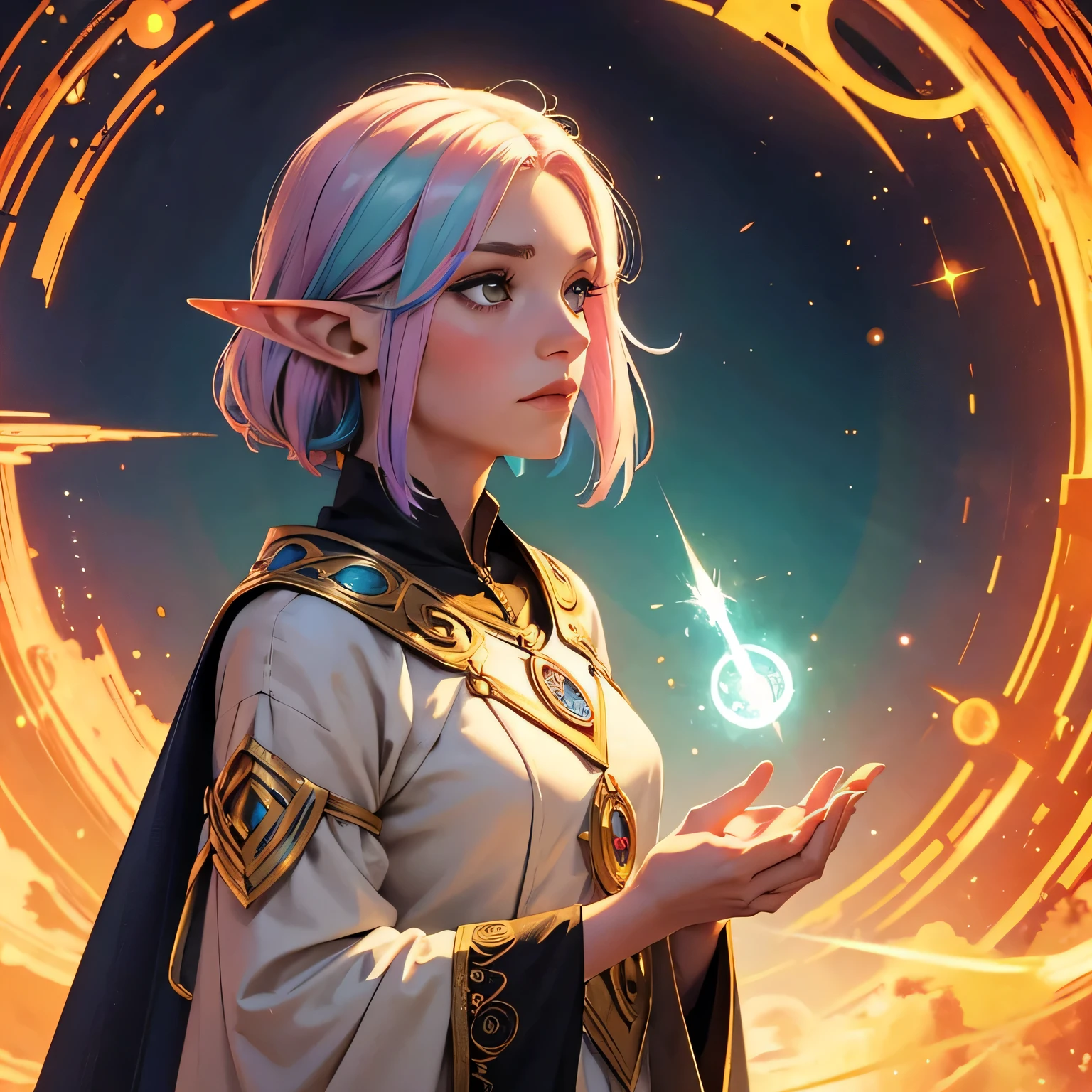 adult, half elf female, short ears, sorcerer, divine soul, oracle, dreamy expression, traveling attire, whimsical, colorful hair, seeing the future
