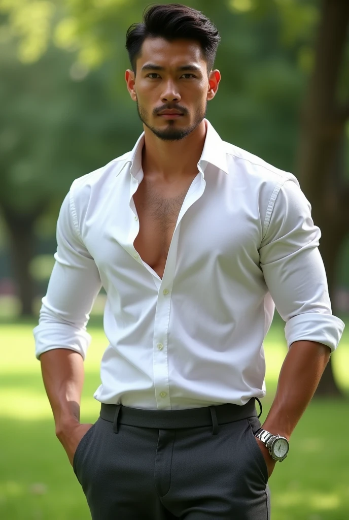 Asian man, 38years old, Handsome and elegant, Wearing a uniform, sexy , Masculine and handsome,musculous,Muscles look good,hairy bodies, with fair skin, 黑The eye(thin eyes 1:3), Full body photo,(ultra-detailed, photorealistic, best quality, 4k, 8k, highres, masterpiece:1.3), a mature man, charming and distinguished , (muscular build body), wearing tailored shiny white dress shirt, with the top button casually undone, perfectly fitted charcoal trousers, sweat, unbutton buttons shirt, lewd face ,tight chest, sex,See-through shirt, erotic, horny, look straight, Accessories include a luxury wristwatch, understated cufflinks, and a simple yet elegant leather belt, in the park ,looking at viewer,muscle veins,