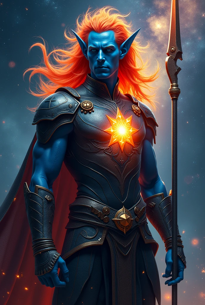 Cosmic Elf, bluish skin, short fiery hair, wearing brunea armor, using a spear, he has a little sun in the middle of his chest. He has a curved scythe at his waist.