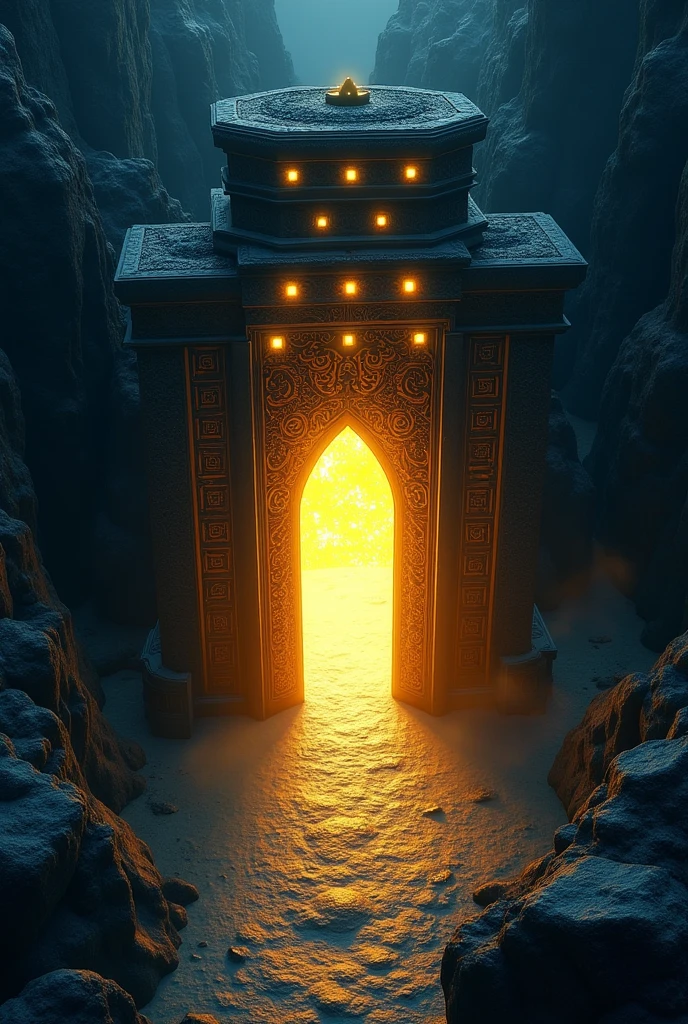 The angle should be bird's eye view. The gate should be intricately designed with glowing, 8 mystical symbols and patterns, and it should emit a bright, golden light from the opening. The surrounding environment is dark and shadowy, creating a stark contrast with the golden light. The overall atmosphere should evoke a sense of mystery, wonder, and the beginning of an adventure, with the glowing symbols suggesting magic or hidden knowledge