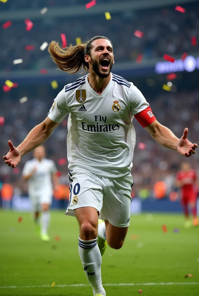 an image of Gareth Bale running with his arms outstretched and his long hair and red captain's armband celebrating and looking at the camera after scoring in the 2018 UCL final