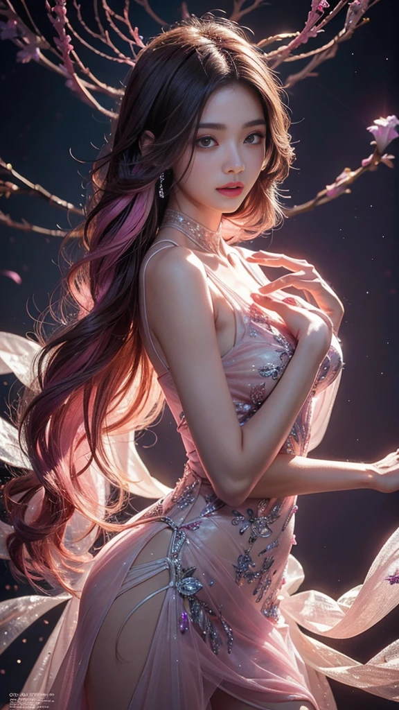 Full figure, seven -clinging shooting, 18 years old, wearing transparent science fiction dress, exquisite faces, details, hands, ultimate details, amazing magnificence, LED internal lighting, Pedaipan style, fiber hair, glowing pink iris, glowing pink iris,