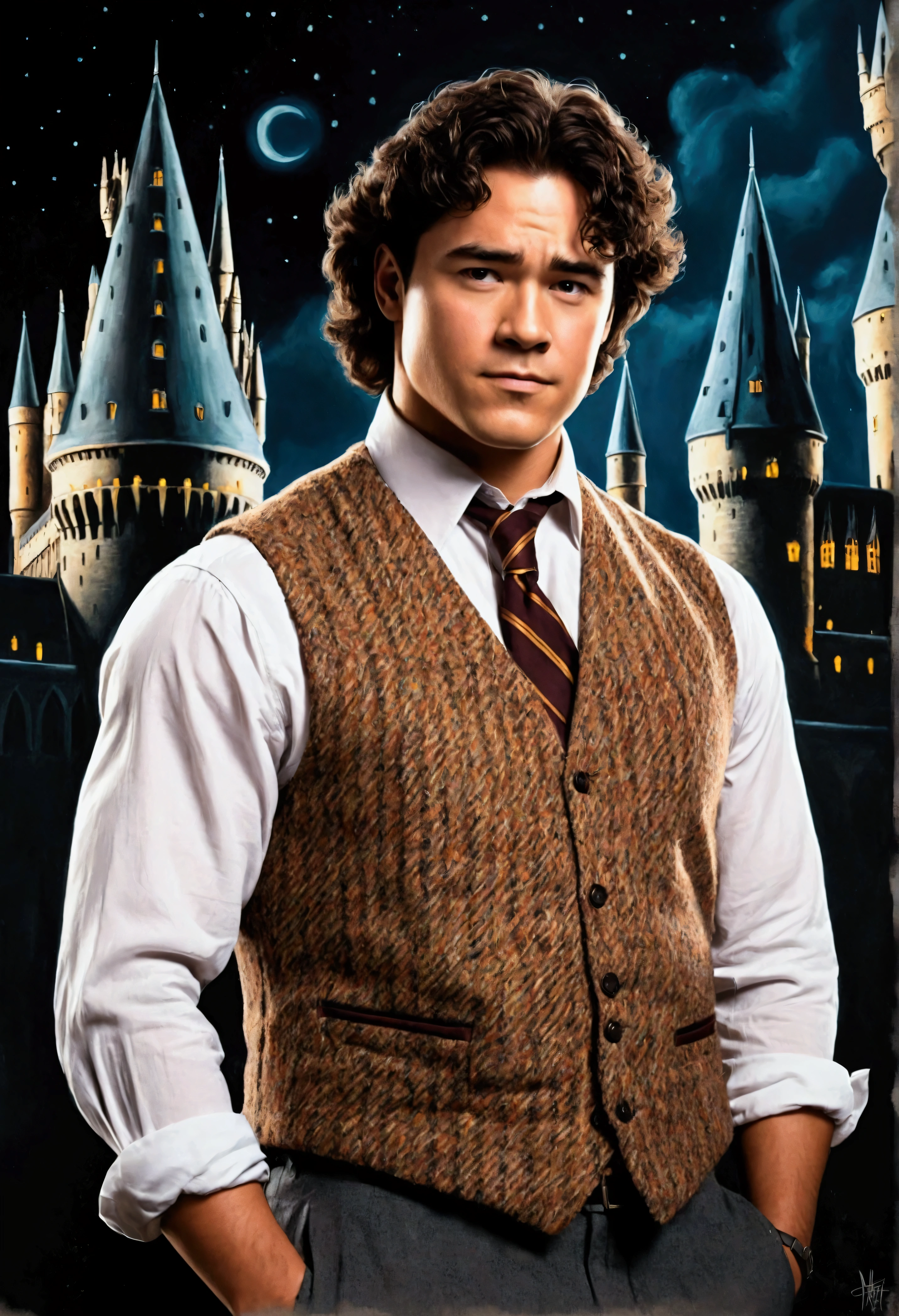 An illustrated movie poster, hand-drawn, full color, a Hogwarts Professor, 21 years old, male, brown eyes, brown-black hair, voluminous curly mane, suntan complexion, medium height, broad shoulders, stocky frame, muscular, rugged scruffy appearance, lots of body hair, resembles Dean Cain, wearing a tweed vest and slacks, standing in front of the Hogwarts castle, hard shadows, graphite shading, stencil marks, airbrushed acrylic paint, masterpiece, in the style of the Deathly Hallows