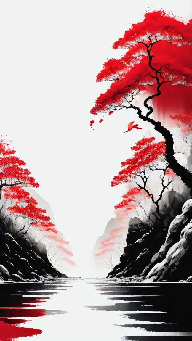 (White Background:1.3), scenery, Red skeleton floating on the water, ice water, wood, ink