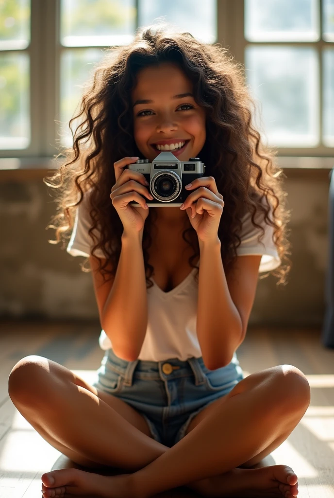 A brunette girl with curly hair and big breasts sits with her legs stretched out, taking a realistic photo