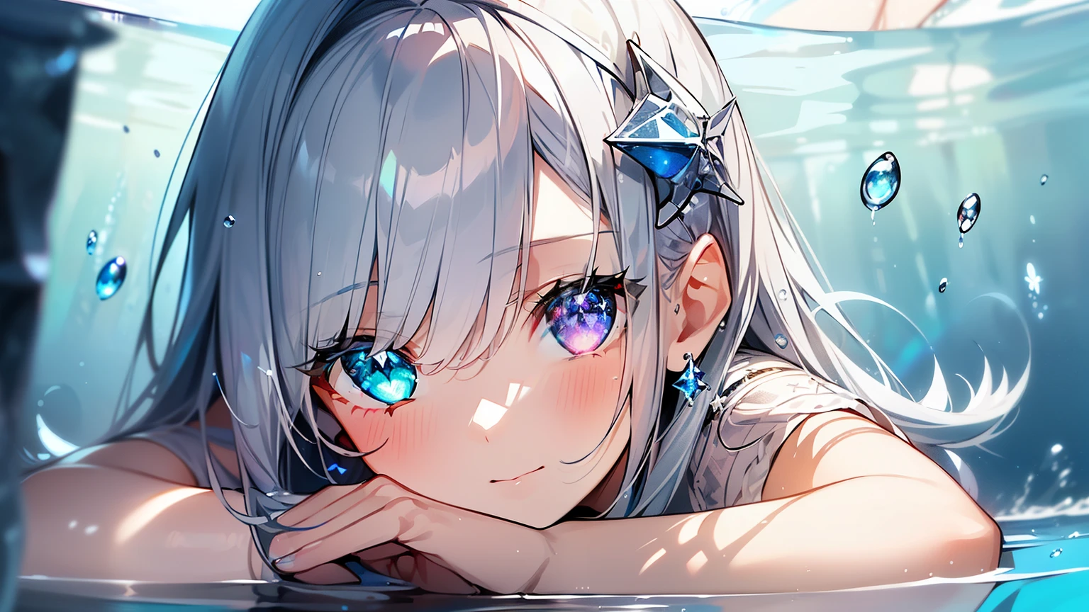 Best quality、Photorealistic、Ultra-detailed、delicate、Orderly、High Detail、Bluish Silver Short Bob、(Drooping heterochromia iris,glowing eyes、Sparkling Eyes:1.3)、Slender、(One girl:1.2)、(Girl upside down in water、In the deep sea:1.3),Ambient Occlusion、Ambient Light、Ray-traced Reflections、Glow、Shiny Hair、
