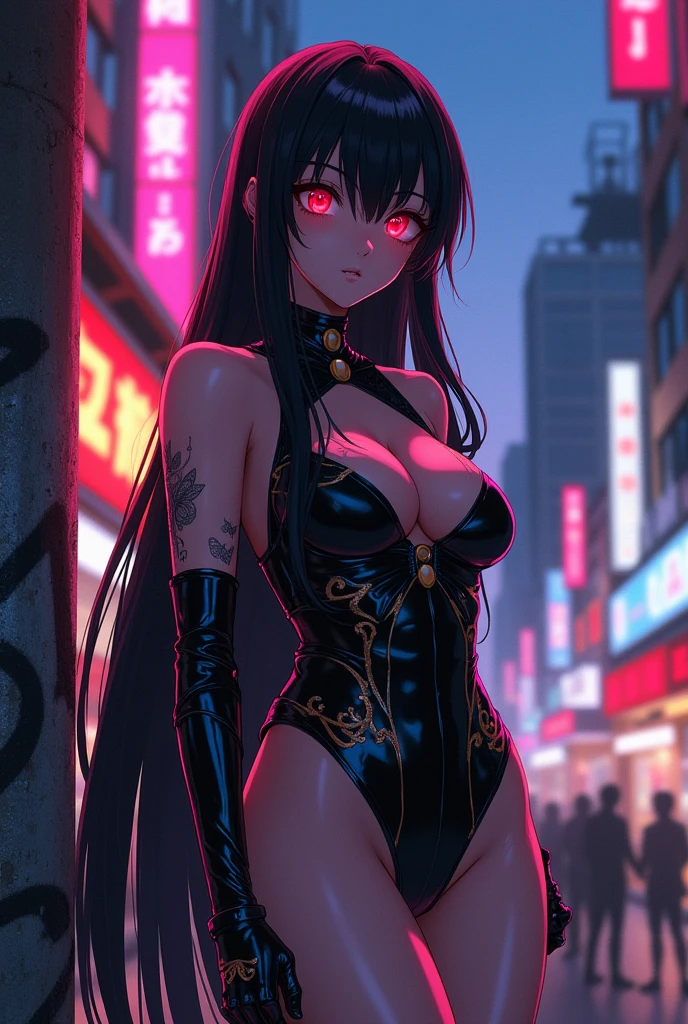 An anime woman with black hair and red eyes 