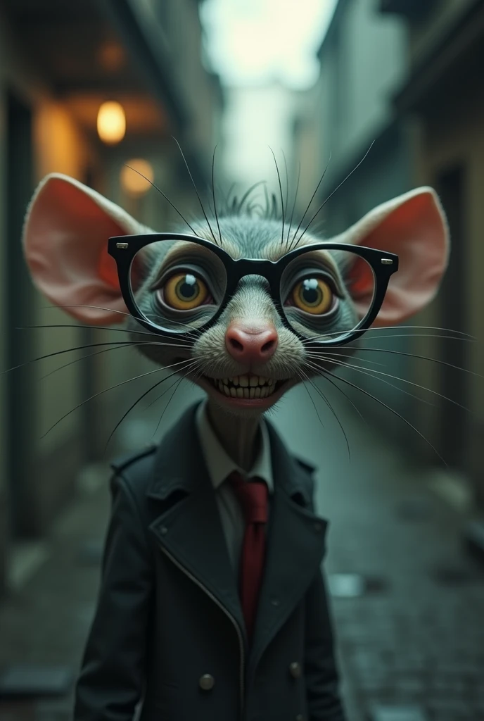 Ugly black rat with glasses and braces