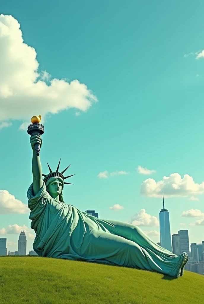 Fat Statue of Liberty Lying down Don't carry a torch Chest protruding