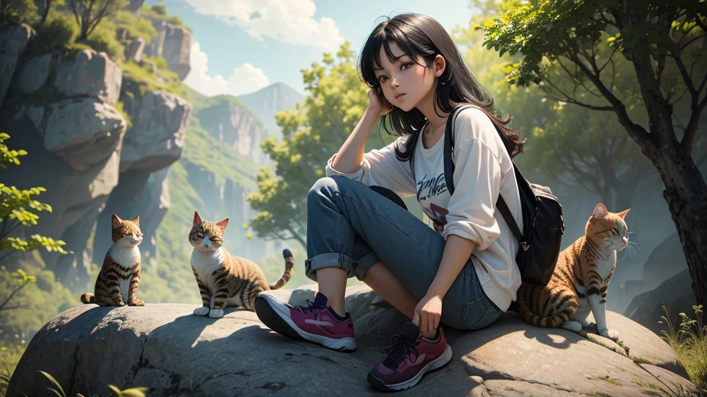 very beautiful girl sitting on a very big rock, 4k, beautiful, carrying a laptop, looking at the sky, daytime, close up, colorful, wearing casual clothes, black hair, accompanied by a cute cat, outdoors