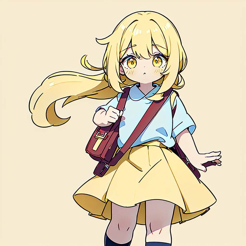 1girl,Twin tails、(((Perfect Anatomy、Highest quality、Masterpiece、Official Art、Super detailed、Dynamic structure、Anime Style)))、Primary school students、(((Redワンピースで腰回りに黄色の大き目のボタン)))、White Y-shirt、Red🎀、White knee-high socks、Brown Loafers、Carrying a red backpack、Recorder is visible from the school bag、Being buffeted by strong winds、Image from above、Strong wind blowing from the viewer's side、Strong wind blowing from the direction of travel, hair blowing back、((Simple background of primary color yellow:1.5))、whole body、