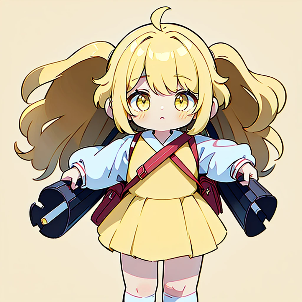 1girl,Twin tails、(((Perfect Anatomy、Highest quality、Masterpiece、Official Art、Super detailed、Dynamic structure、Anime Style)))、Primary school students、(((Redワンピースで腰回りに黄色の大き目のボタン)))、White Y-shirt、Red🎀、White knee-high socks、Brown Loafers、Carrying a red backpack、Recorder is visible from the school bag、Being buffeted by strong winds、Image from above、Strong wind blowing from the viewer's side、Strong wind blowing from the direction of travel, hair blowing back、((Simple background of primary color yellow:1.5))、whole body、