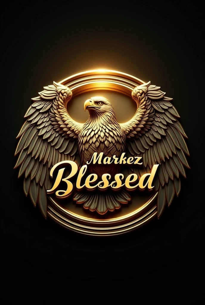 3D logo with name written "MARKEZ BLESSED" there is a picture of an eagle behind the writing, round shape, emboss effect, stainless steel, artistic elegance, glowing efek.auto focus, warna logo kuning metalik, dark color background