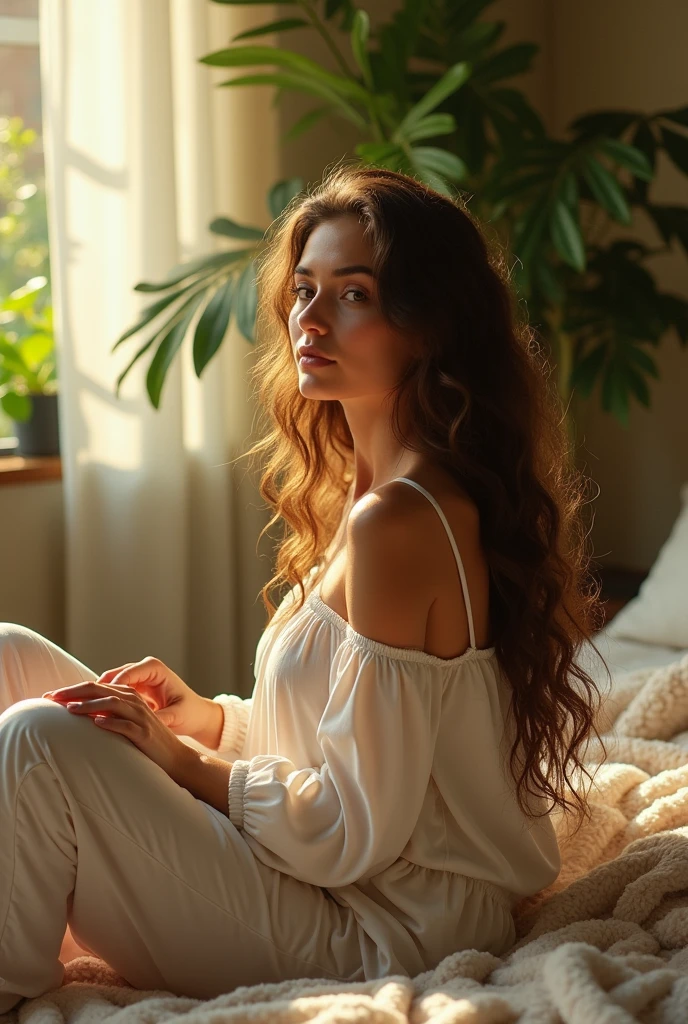 (photorealism:1.2), beautiful woman, sitting on bed, wearing loose off-shoulder top, pajama pants, long curly hair, indoors, soft lighting, plants in background, window with sunlight, cozy room, relaxed pose, realistic, intricate details, warm colors, by Greg Rutkowski, by Alphonse Mucha