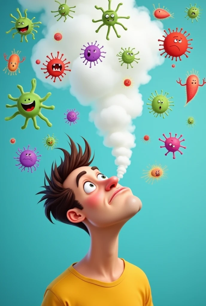 Realistic image of a person with clear smoke coming out of their mouth representing their bad breath and several germs around them .the image is creative, colorfully, several details
 .The environment is clear