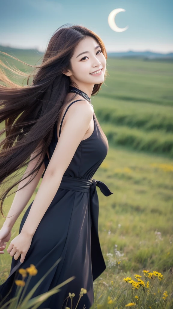 Smiling woman、Realistic 8K high-definition photo-like images、Japanese、Woman with long hair、Long hair blowing in the wind、Grassland with horizon view、Crescent Moon