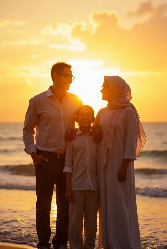 4k realistic photography, four people consisting of, husband and wife aged 48 years, husband wearing glasses, short black hair, smooth face, wife wearing Muslim clothing, hijab, first , 22 year old girl without wearing hijab, wearing Muslim clothing, slightly fat, hair reaching shoulder length, second child  , short hair parted at the side, they stood looking full body on the beach