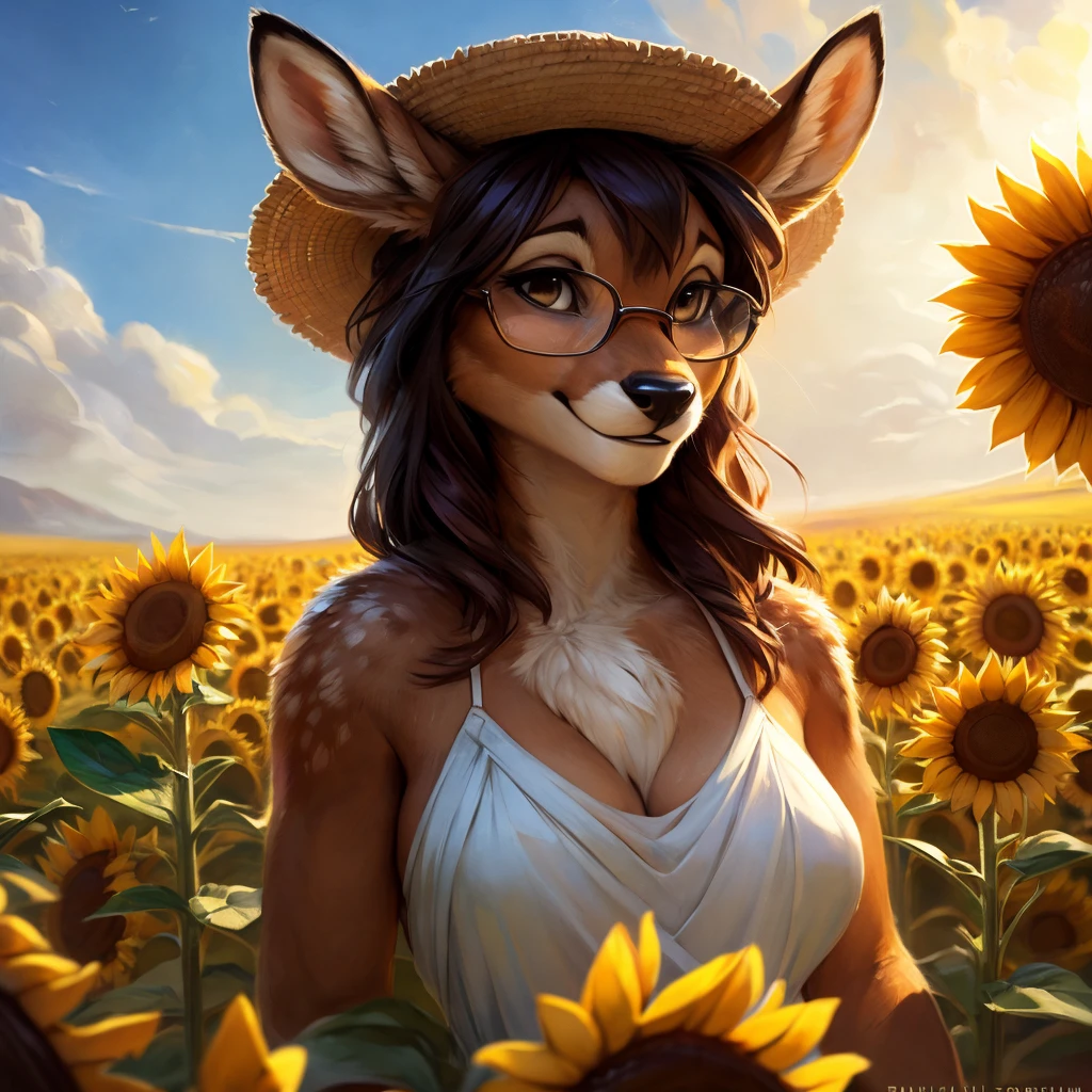 uploaded on e621, artstation, by Pixelsketcher, by Bayard Wu, by Thomas Benjamin Kennington , by Einshelm, by hioshiru and kenket, Chunie, portrait, solo anthro female deer doe, with small featureless breasts, clear dark blue, cinematic lighting, day, sunny day, sunflower field, stands in a high sunflower field, sunflower field background, sunflowers, mediterranean background, horizon background, shiny, chin short curly dark brown hair, wears big black nerd glasses, very very beautiful furry art, furry art, smiling, joyful, shiny, happy, feminine, cute face, muzzle, fluffy chest, flawless face, Fallow deer, 1girl, Sakimichan is beautiful, Masterpiece, Wavethesallow Face, shiny, Detailed image, portrait, Detailed image, portrait, full body, wears pure white, wide spaghetti straps dress, wears big and wide beige summer straw hat, shiny, realistic face, perfect anatomy, hourglass body, (furry body:1.1), anthropomorphic deer, detailed background, (cute anatomy:1.1), walks in a sunflower field, high sunflower field