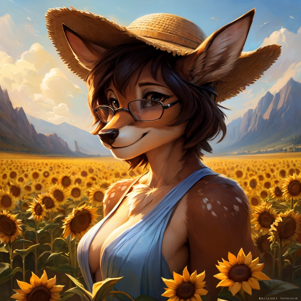 uploaded on e621, artstation, by Pixelsketcher, by Bayard Wu, by Thomas Benjamin Kennington , by Einshelm, by hioshiru and kenket, Chunie, portrait, solo anthro female deer doe, with small featureless breasts, clear dark blue, cinematic lighting, day, sunny day, sunflower field, stands in a high sunflower field, sunflower field background, sunflowers, mediterranean background, horizon background, shiny, chin short curly dark brown hair, wears big black nerd glasses, very very beautiful furry art, furry art, smiling, joyful, shiny, happy, feminine, cute face, muzzle, fluffy chest, flawless face, Fallow deer, 1girl, Sakimichan is beautiful, Masterpiece, Wavethesallow Face, shiny, Detailed image, portrait, Detailed image, portrait, full body, wears pure white, wide spaghetti straps dress, wears big and wide beige summer straw hat, shiny, realistic face, perfect anatomy, hourglass body, (furry body:1.1), anthropomorphic deer, detailed background, (cute anatomy:1.1), walks in a sunflower field, high sunflower field