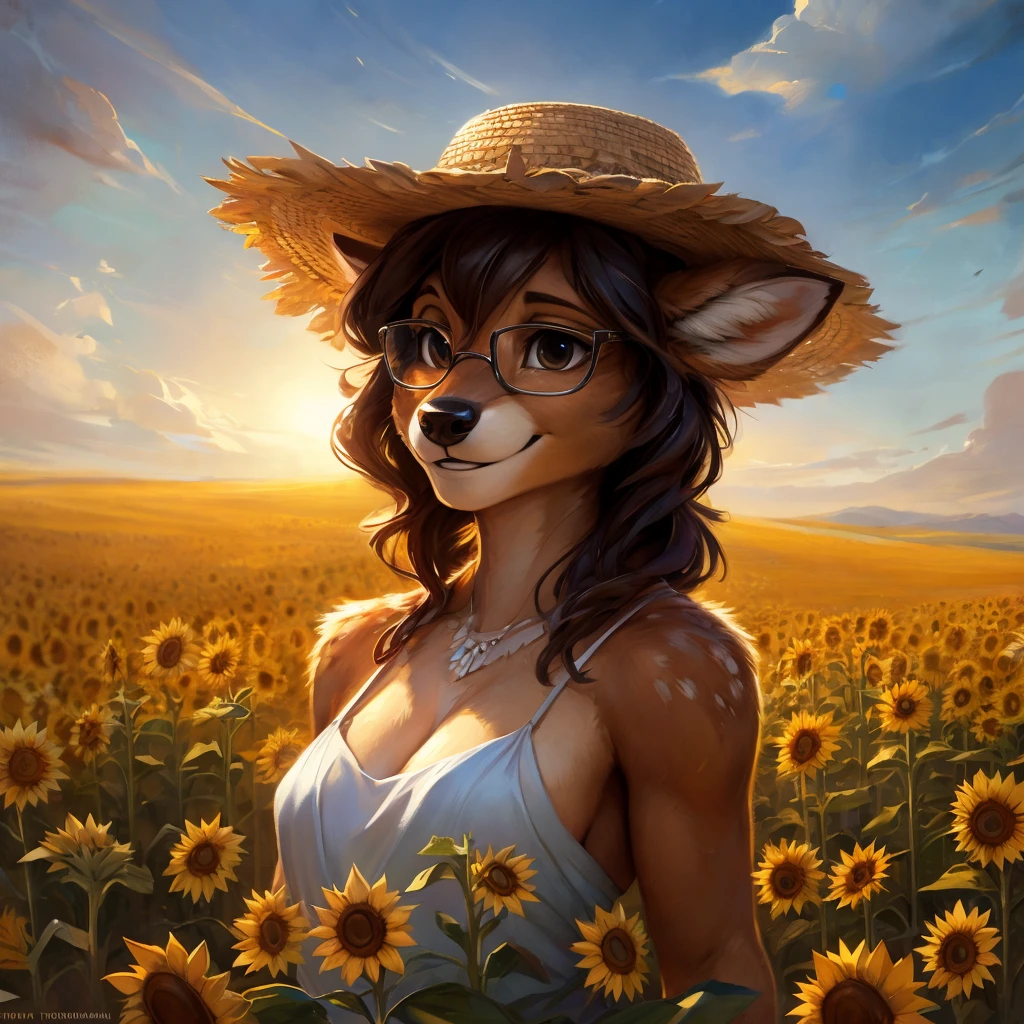 uploaded on e621, artstation, by Pixelsketcher, by Bayard Wu, by Thomas Benjamin Kennington , by Einshelm, by hioshiru and kenket, Chunie, portrait, solo anthro female deer doe, with small featureless , clear dark blue, cinematic lighting, day, sunny day, sunflower field, stands in a high sunflower field, sunflower field background, sunflowers, mediterranean background, horizon background, shiny, chin short curly dark brown hair, wears big blalasses, very very beautiful furry art, furry art, smiling, joyful, shiny, happy, feminine, cute face, muzzle, fluffy chest, flawless face, Fallow deer, 1girl, Sakimichan is beautiful, Masterpiece, Wavethesallow Face, shiny, Detailed image, portrait, Detailed image, portrait, full body, wears pure white, wide spaghetti straps dress, wears big and wide beige summer straw hat, shiny, realistic face, perfect anatomy, hourglass body, (furry body:1.1), anthropomorphic deer, detailed background, (cute anatomy:1.1), walks in a sunflower field, high sunflower field