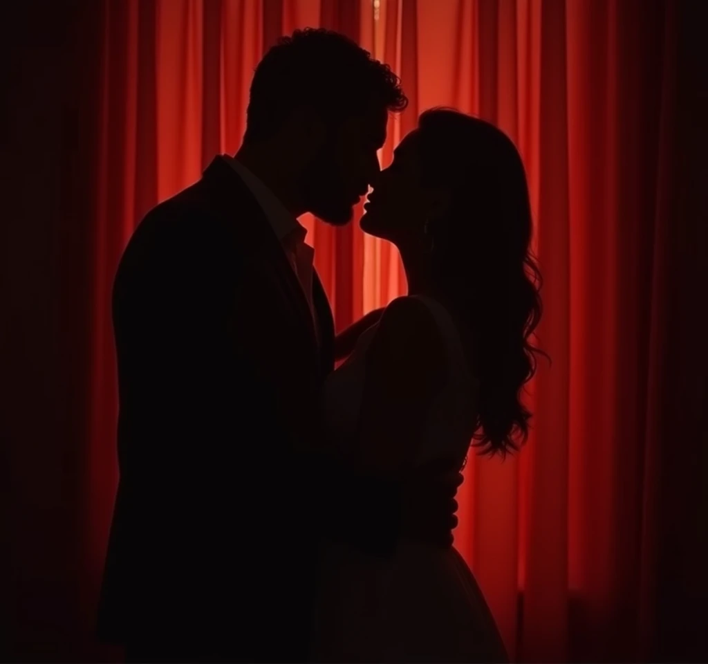 make a shadow of two people kissing behind the curtain, it should be visible that it is a man and a woman kissing, uniform background, red color