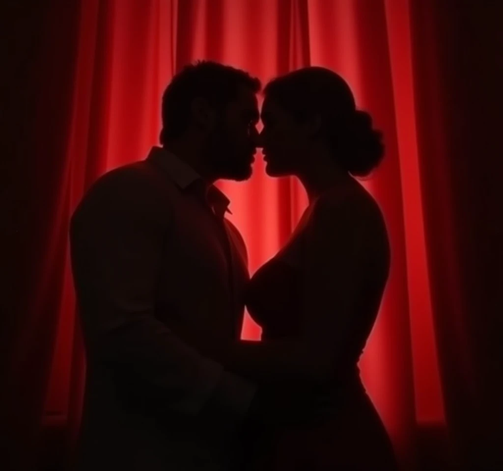 make a shadow of two people kissing behind the curtain, it should be visible that it is a man and a woman kissing, uniform background, red color