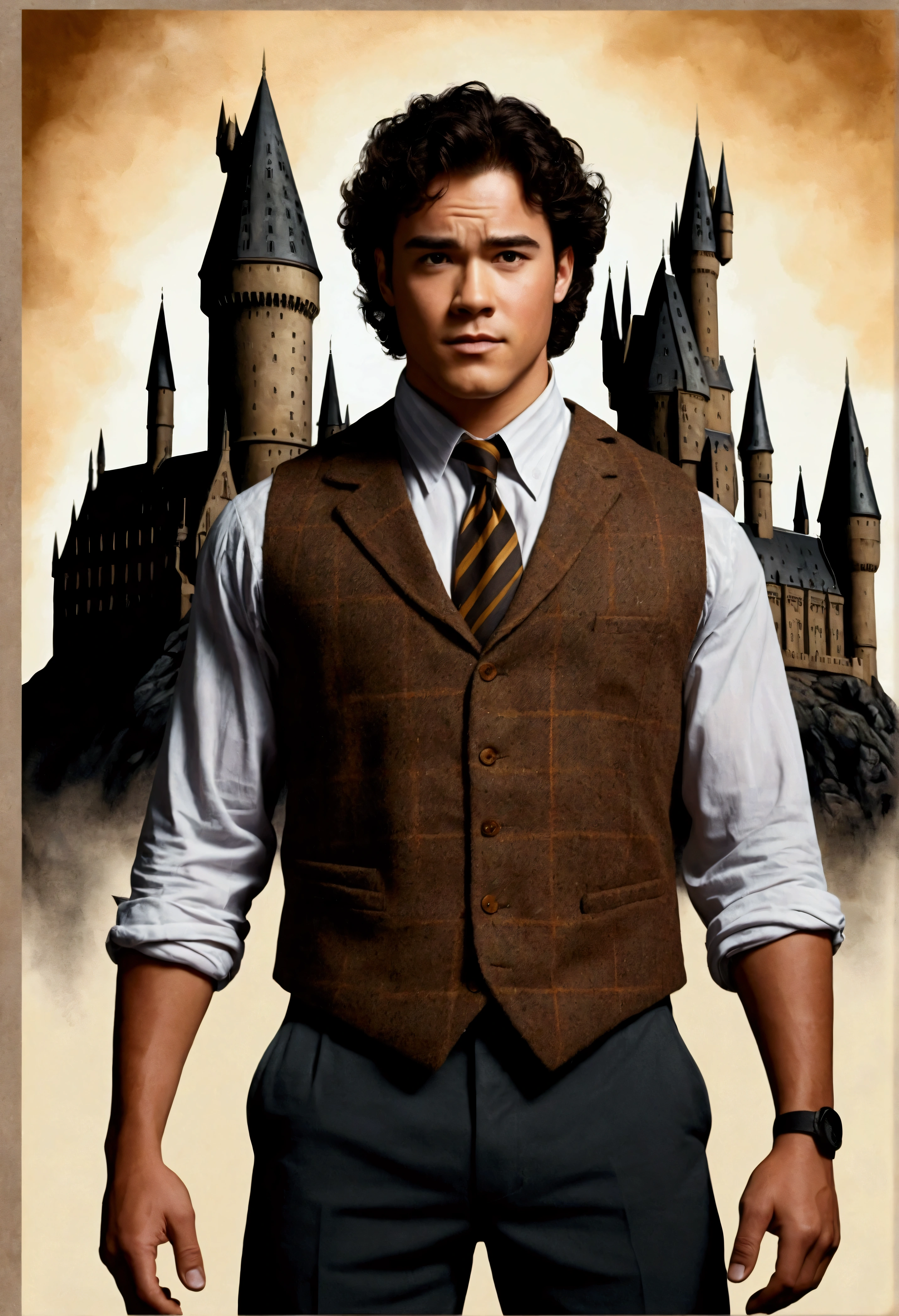 An illustrated movie poster, hand-drawn, full color, a Hogwarts Professor, 21 years old, male, brown eyes, brown-black hair, voluminous curly mane, suntan complexion, medium height, broad shoulders, stocky frame, muscular, rugged scruffy appearance, lots of body hair, resembles Dean Cain, wearing a tweed vest and slacks, standing in front of the Hogwarts castle, hard shadows, graphite shading, stencil marks, airbrushed acrylic paint, masterpiece, in the style of the Deathly Hallows