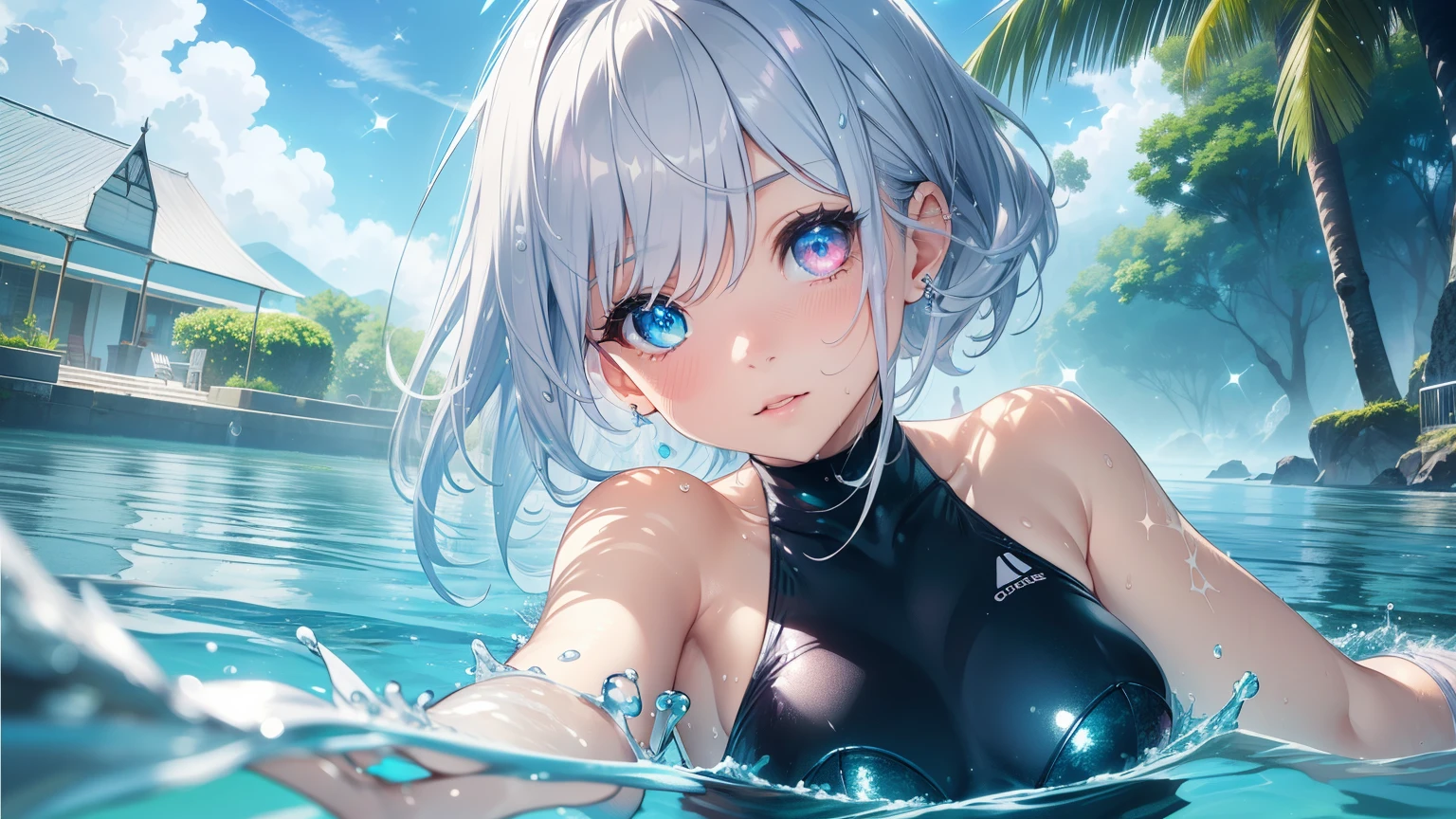 Best quality、Photorealistic、Ultra-detailed、delicate、Orderly、High Detail、Bluish Silver Short Bob、(Drooping heterochromia iris,glowing eyes、Sparkling Eyes:1.3)、Slender、(One girl:1.2)、(Swimwear,Wet South Sea、diving、Swimming in the water、Running girl:1.3)Dynamic Angle、Dutch Angle、Ambient Occlusion、Ambient Light、Ray-traced Reflections、Glow、Shiny Hair、