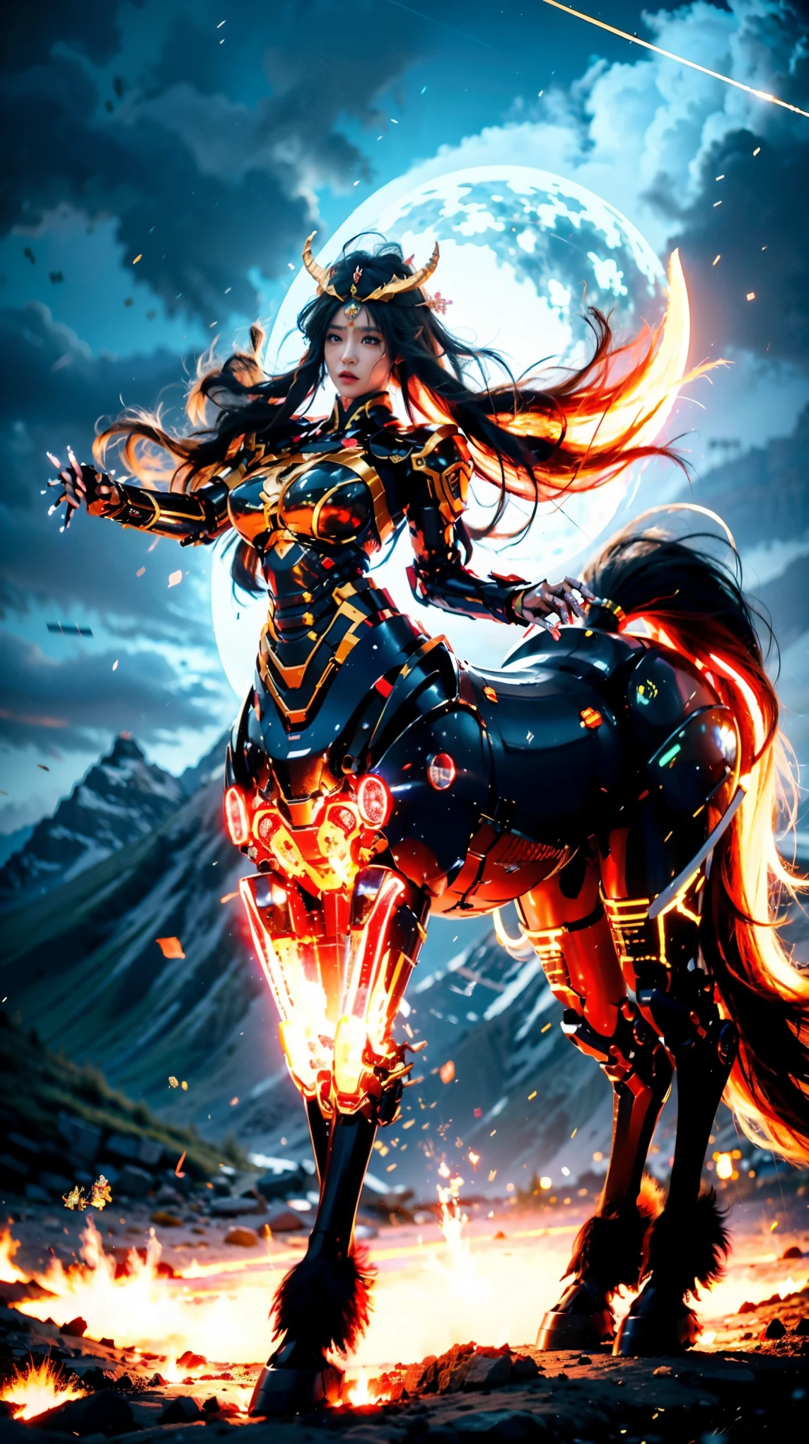 In the beautiful illustration of this super-grand scene，The ultra-distant lens shows us（More than eight distinctive and beautiful female centaurs，Half man, half horse，Half man, half horse角色：9.9），Their personality、Distinctive and vivid features。from（A radiant, angelic, snow-white centaur from heaven：1.1），arrive（Nightmare-like fiery red centaur surrounded by flames：1.1）、再arrive（Green Centaur, the wind fairy dancing in the air：1.1）、再arrive有（One-horned blue centaur surrounded by lightning：1.1），arrive（A mechanical-style mecha Centaur shining with metallic light：1.1）、再arrive（A powerful dragon-shaped centaur wearing colorful dragon scale leather：1.1）、再arrive（A slender elven centaur that is graceful and agile：1.1）Gracefully wears a flower crown、arrive（Enchanting and charming Tiflin centaurs：1.1）、再arrive（A succubus centaur with an indescribably sexy feeling：1.1）。Each Centaur character fully demonstrates his unique style。The illustration uses advanced artistic techniques and tools，Use nesting、Weaving、Splicing、perspective、interlude、Montage and other artistic techniques，Divide the scene into sections by geometric arrangement，Each part corresponds to a role，from而更有效地利用了空间，Make eight centaurs exist in one picture at the same time，（The style tends to be grotesque、Hayao Miyazaki、Aesthetic、Unavailable：3.3）。Through Midjourney's advanced brush tools、Color palette、Material packs和模型包、Texture tools，For each centaur, beautiful props are designed to increase racial characteristics、Clothing and physical features，Enhances the character's personality and visual appeal，（Stunning landscapes in illustrations，There are changing skies、rainbow、aurora、Stars and Moon，Incorporating iconic landmarks such as Mount Everest，and fireworks、A tranquil lake、Natural and urban elements of waves and neon lights，Creates a magical atmosphere：1.5），Centaurs demonstrate their unique abilities and equipment in a variety of environments，This is true even in extreme alien landscapes。Use Midjourney's tools、Material packs、Texture tools、The color palette makes depicting details vivid and realistic，from复杂的发型和以及不同的种族特质、Body、Appearance features、服装arrive真实的纹理，Greatly improved the realism of the Centaurs and their surroundings，The fusion of multiple art styles adds dynamism to the character&#39;s movement at every angle，The overall visual experience is further enriched。The final illustration was described as a "masterpiece"，It has the characteristics of "best quality" and "realistic"，The details put into the creative process are shown、Level of creativity and craftsmanship。 hdr，（Reality，Masterpiece quality，Best quality）