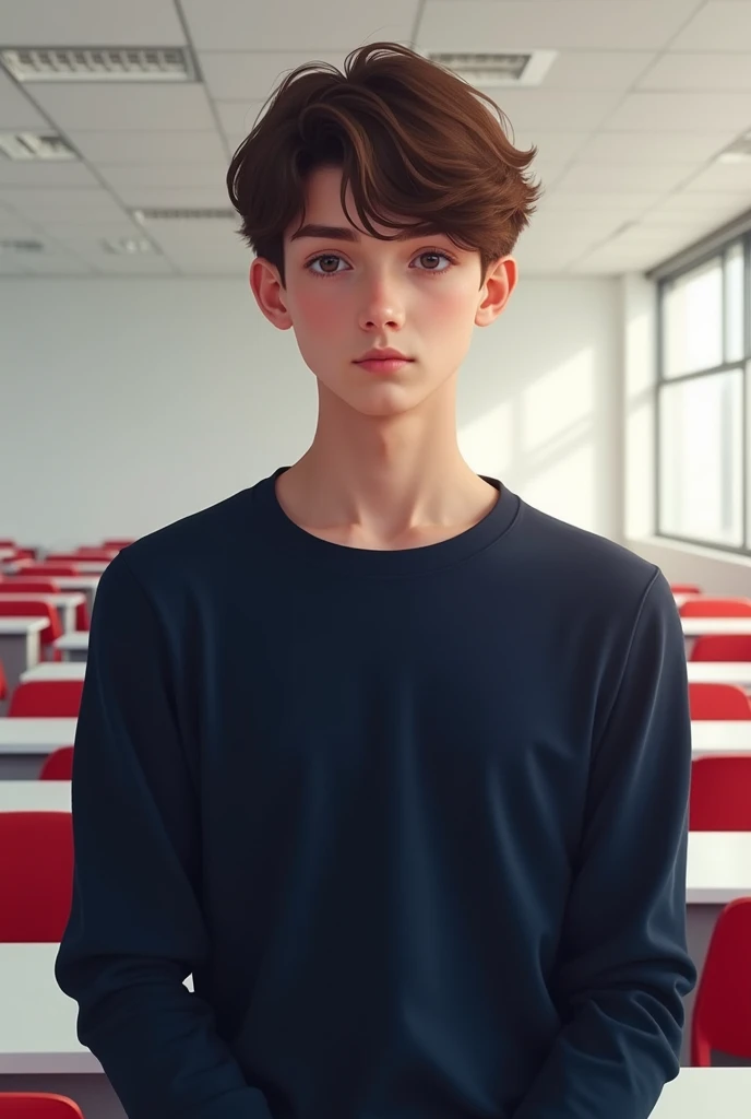 Create a hyper realistic poster of a white 16 year old MAN, with wavy brown hair and dark brown eyes, hairstyle must be short curtains/middle part, slim build, dark navy blue sweater/jersey, background must be a white empty classroom with white desks and red chairs, in the University of the Incarnate Word Bajío, Mexico, facial expression must be neutral. Ethnicity must be white. Soft facial features, And a feminine jawline with a short ramus length