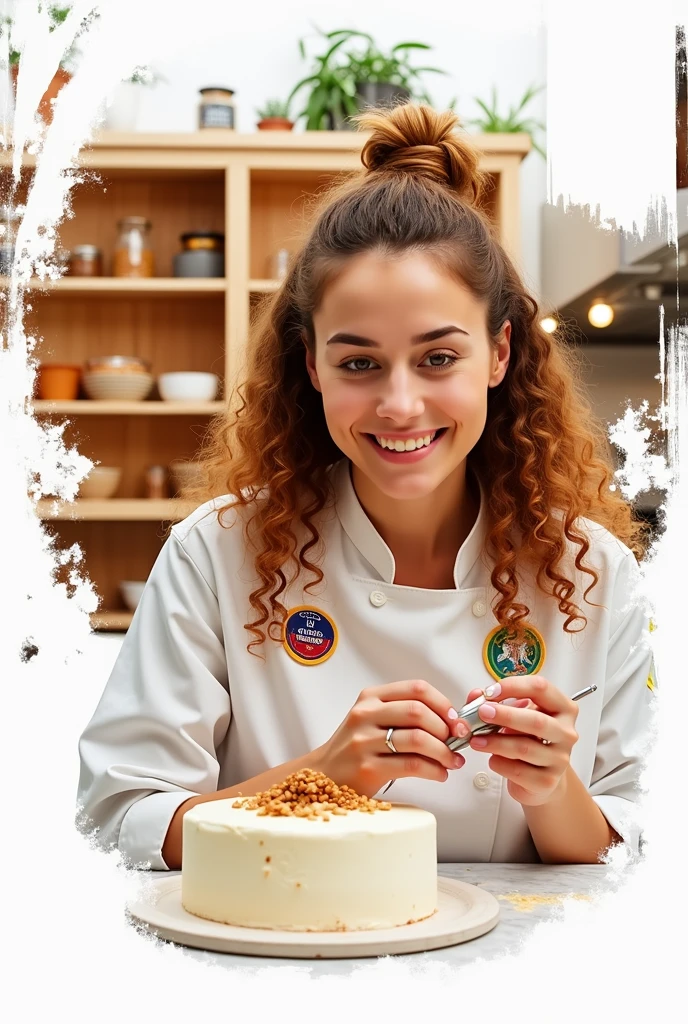 Create a female chef who works making gluten-free breads and cakes to sell in ultra realistic 8k